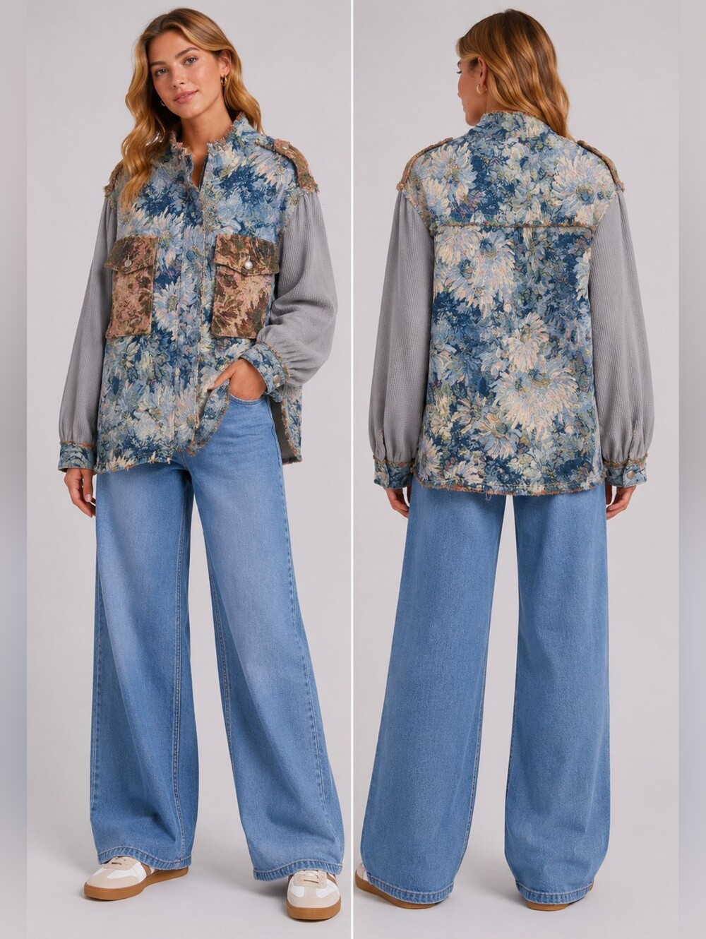 POL Blue Multi Floral Tapestry Jacquard Shacket Corduroy Sleeve Zip Jacket NEW